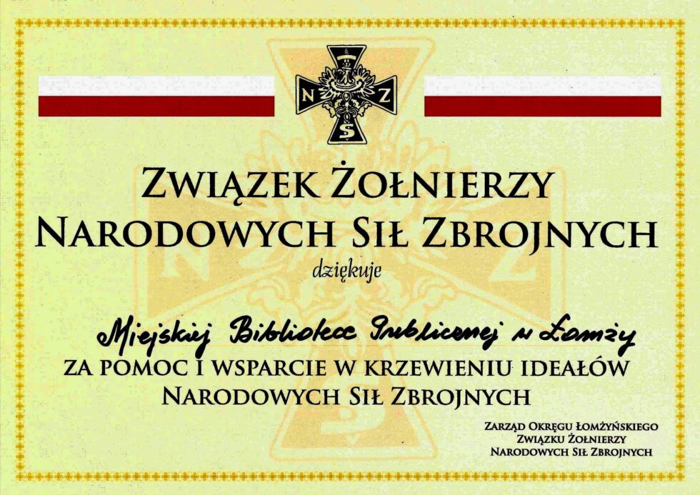 Podziękowanie Związku Żołnierzy Narodowych Sił Zbrojnych Miejska